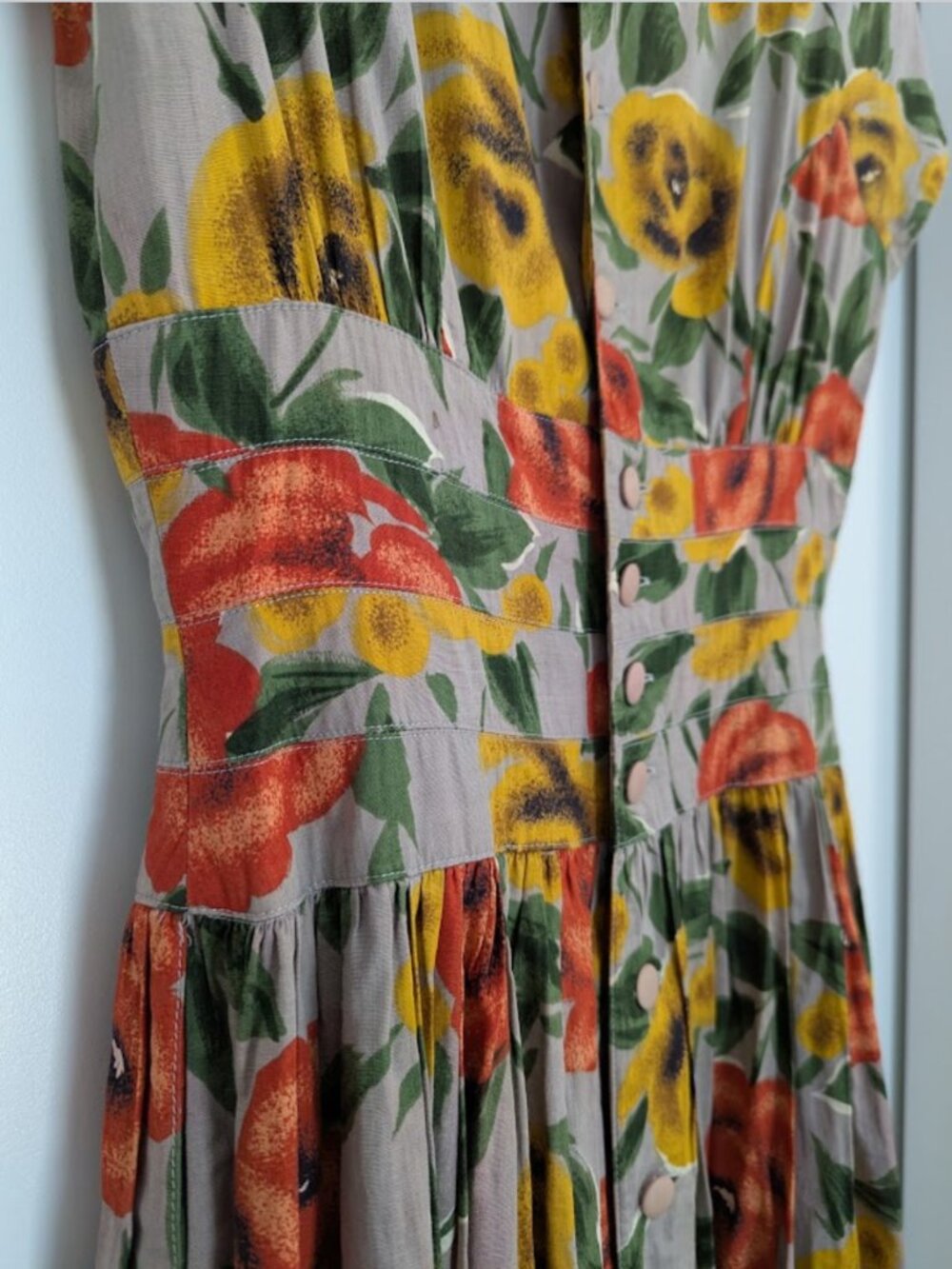 Vintage Cotton Poplin Dress Full Button Back Lined Brunch Floral Romantic - Picture 2 of 16